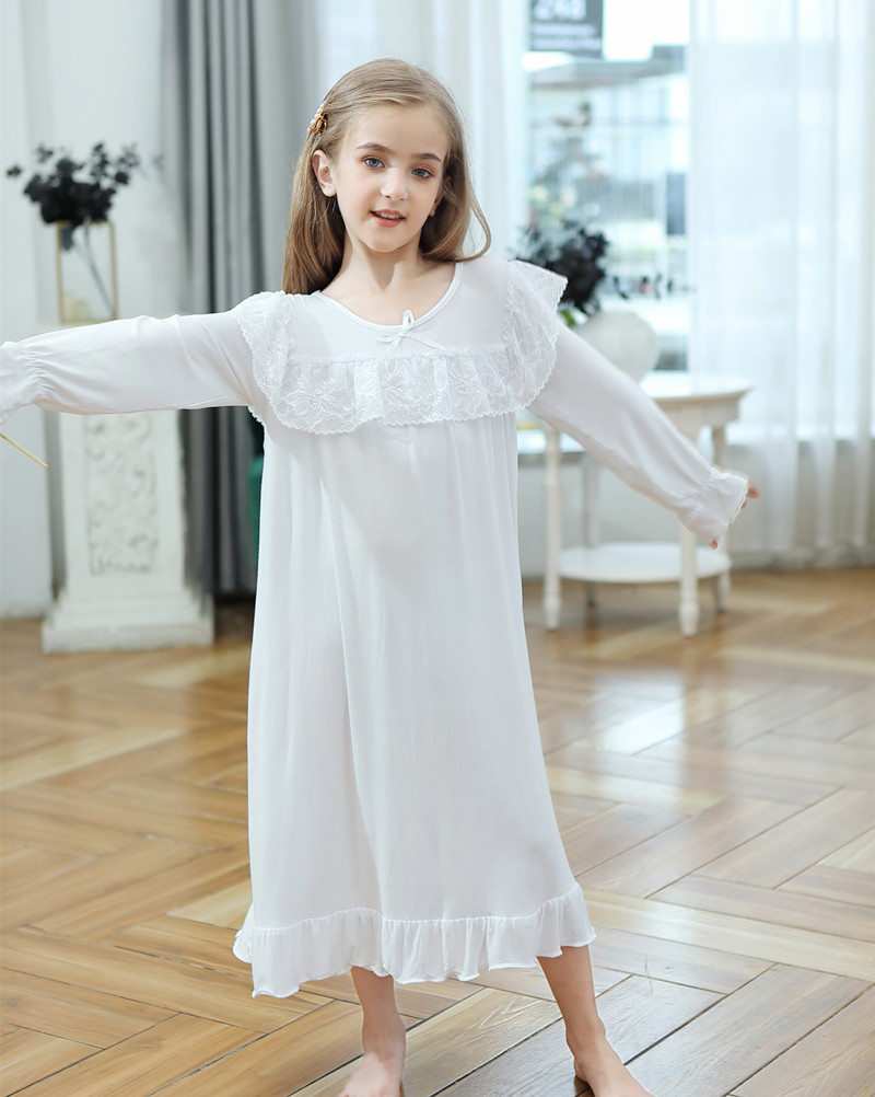 Summer Girls' Clothing Long-Sleeved Nightgown Modal Cotton Long European and American Palace Princess Pajamas Home Clothes
