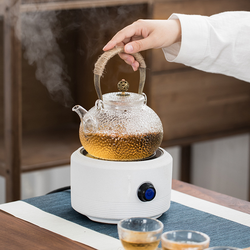 Japanese-Style High-Temperature Resistant Glass Teapot with Hammered Pattern, Electric Ceramic Stove-Specific Kettle, Copper Handle Glass Teapot with Pure Copper Handle