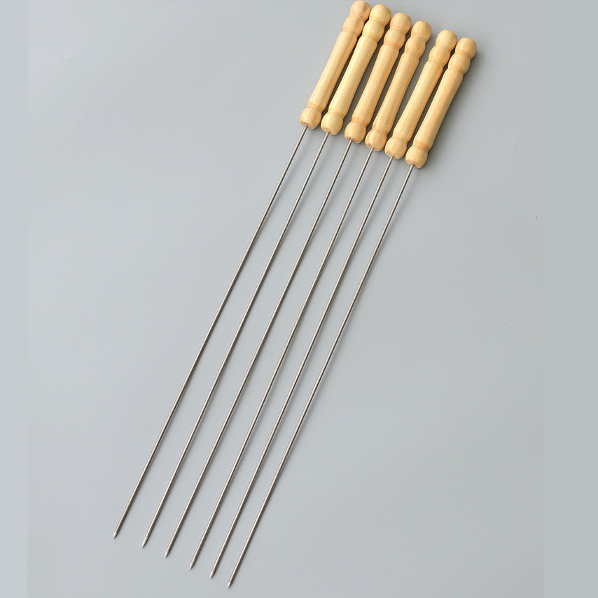New Stainless Steel Wooden Handle Barbecue Skewers, Extra Long and Thick, Round Skewers, Barbecue Skewers, Flat Tools and Supplies, Manufacturer in Stock