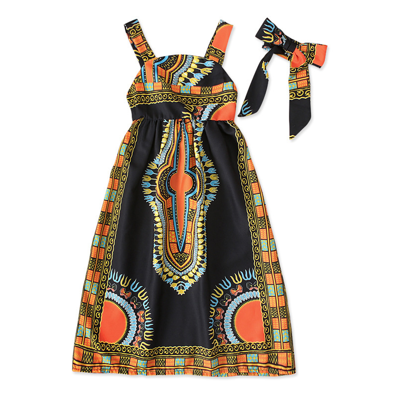 Girls European and American Children African Bohemian Style Sleeveless Strap Long Dress Two-piece Children's Clothing ins
