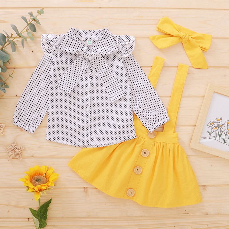 Girls Autumn and Winter 2020 New Korean Style Popular Polka Dot Long Sleeve Printed Top + Solid Color Suspender Skirt Three-piece Set