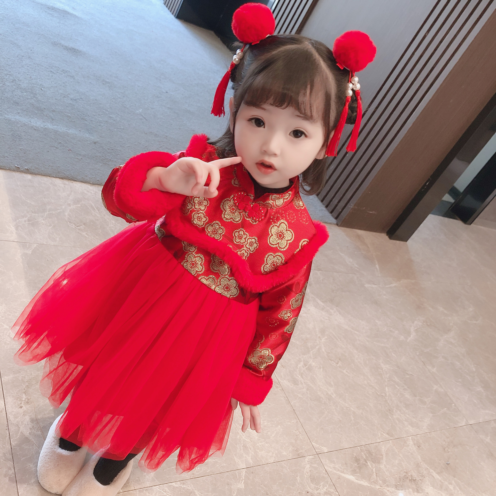 2936 Children's Clothing Baby's New Year Clothes Chinese Style Children's New Year Clothes Fleece-lined Cheongsam Dress Veil Dress Han Clothes