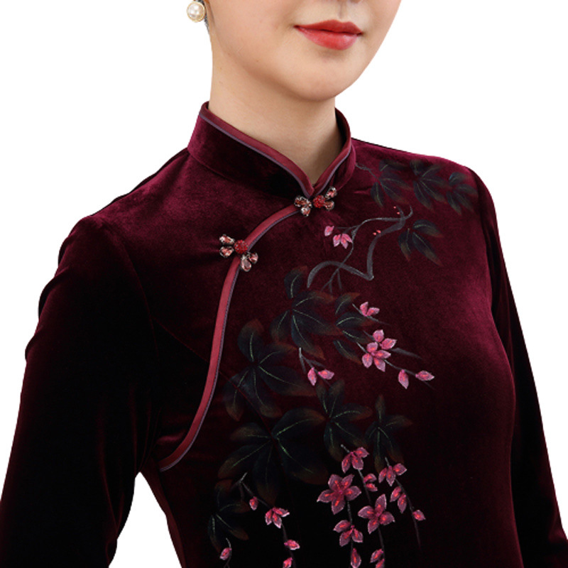 Hand-painted Pattern Elegant Retro dress Fashion Simple Comfortable Breathable Slim-fit Collar Mother's Cheongsam Dress