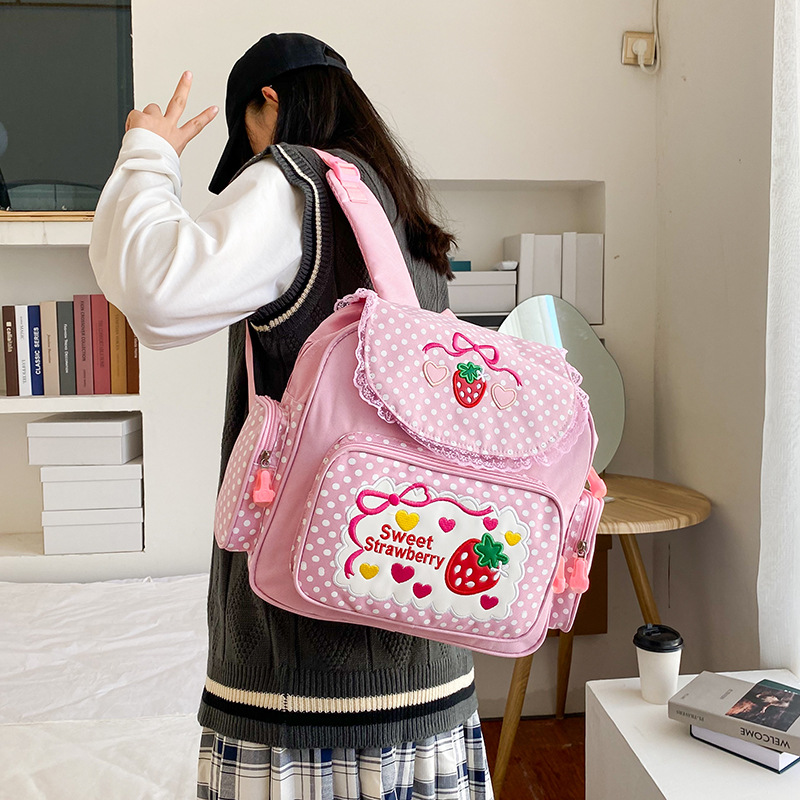 Japanese Style Ins Soft Girl Sweet Lady Cute Embroidered Fruit Strawberry Lace Girl Student Backpack Schoolbag Women