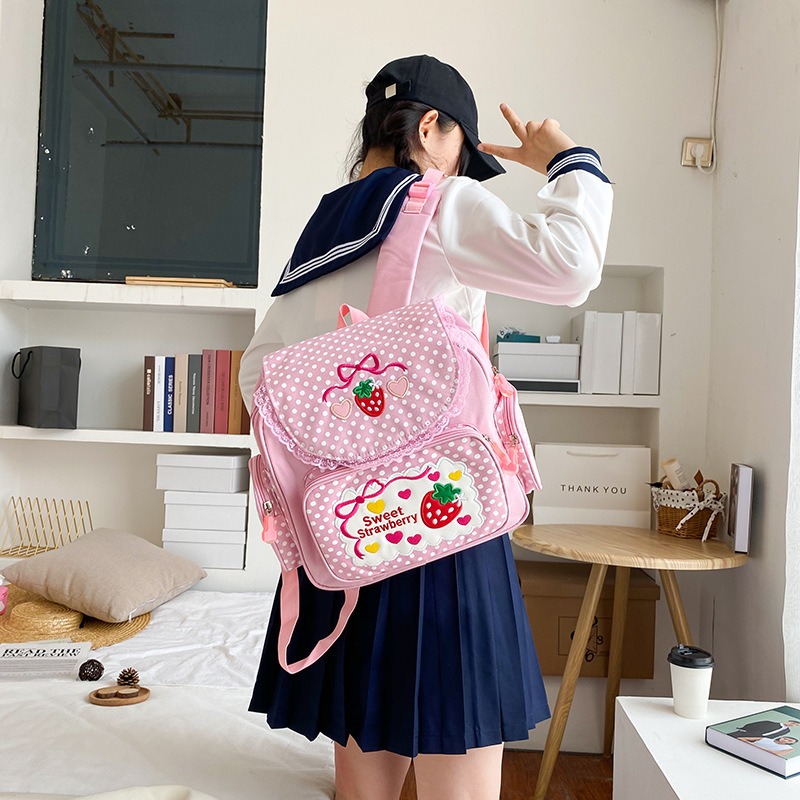 Japanese Style Ins Soft Girl Sweet Lady Cute Embroidered Fruit Strawberry Lace Girl Student Backpack Schoolbag Women