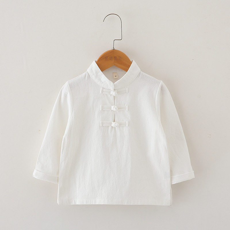 Детская ханьфу хлопковая базовая рубашка с шнуровкой белая рубашка с перекрестным воротником для мальчиков короткий рукав однотонная рубашка длинный рукав