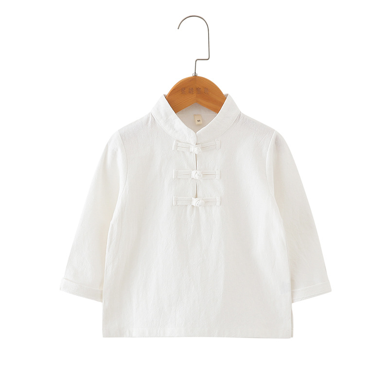 Children's Hanfu Cotton Base Shirt Lace-up White Shirt Cross Collar Baby's Tang Suit Short-sleeved Solid Color Long-sleeved Shirt