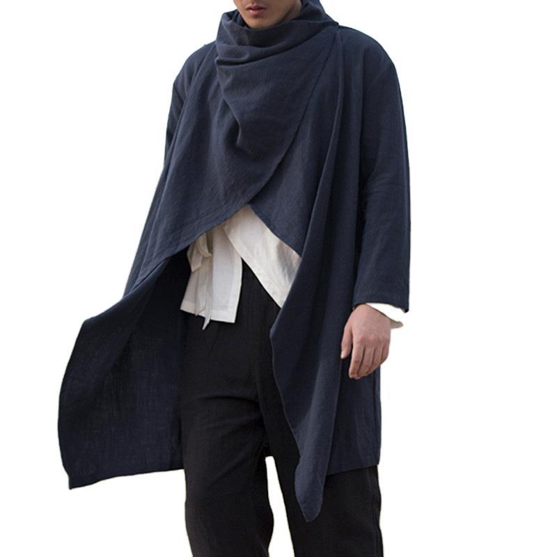 Foreign Trade Amazon Men's Cotton and Linen Cloak Long Asymmetrical Cloak 2025 Autum New European and American Long-Sleeved Jacket