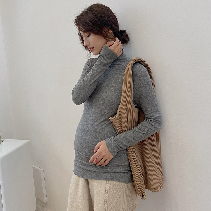 Pregnant Women's 2025 Spring, Summer and Autumn Pregnant Women's Top Korean Round Neck Pregnant Women's Top High Elastic One-word Collar Pregnant Women's Base Shirt