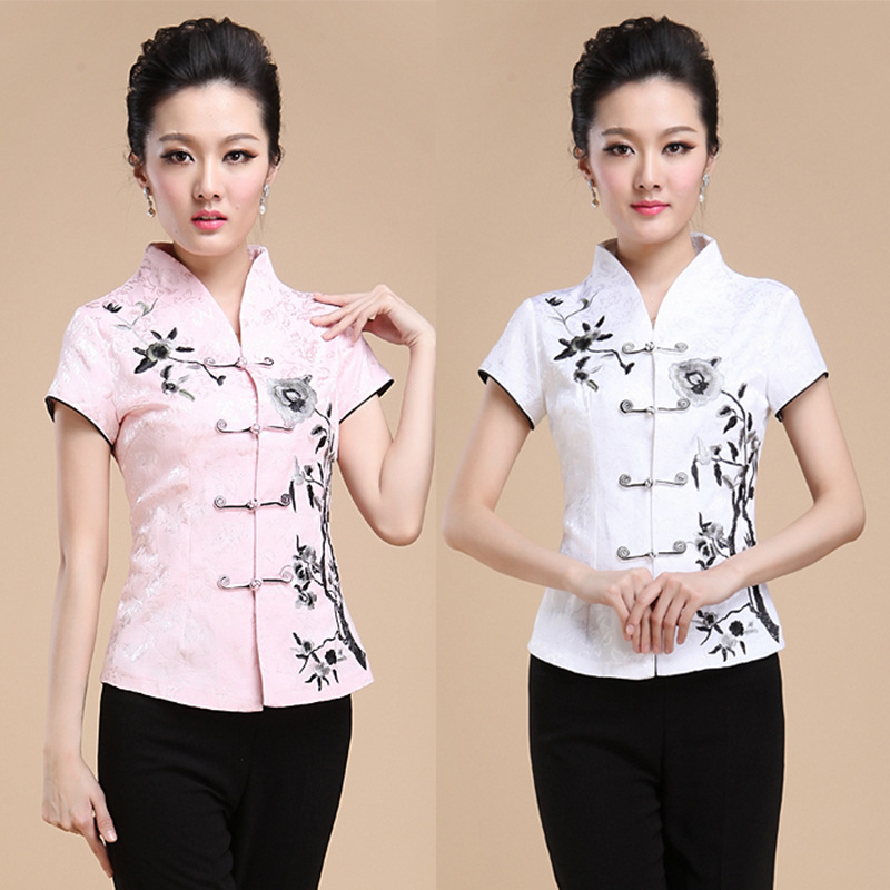 Костюм для женщин среднего возраста, модифицированный китайский жакет с коротким рукавом, летняя футболка в этническом стиле