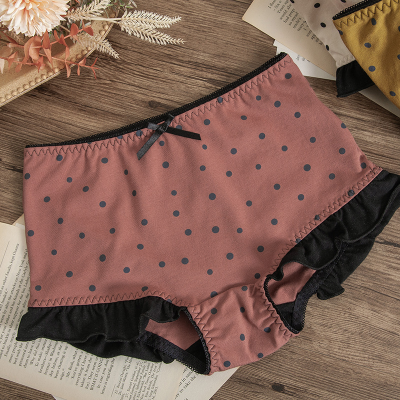 Japanese Style Fresh and Soft Warm Cotton Ear Bow Embellished with Cute Mid-Waist Hip Boxer Briefs