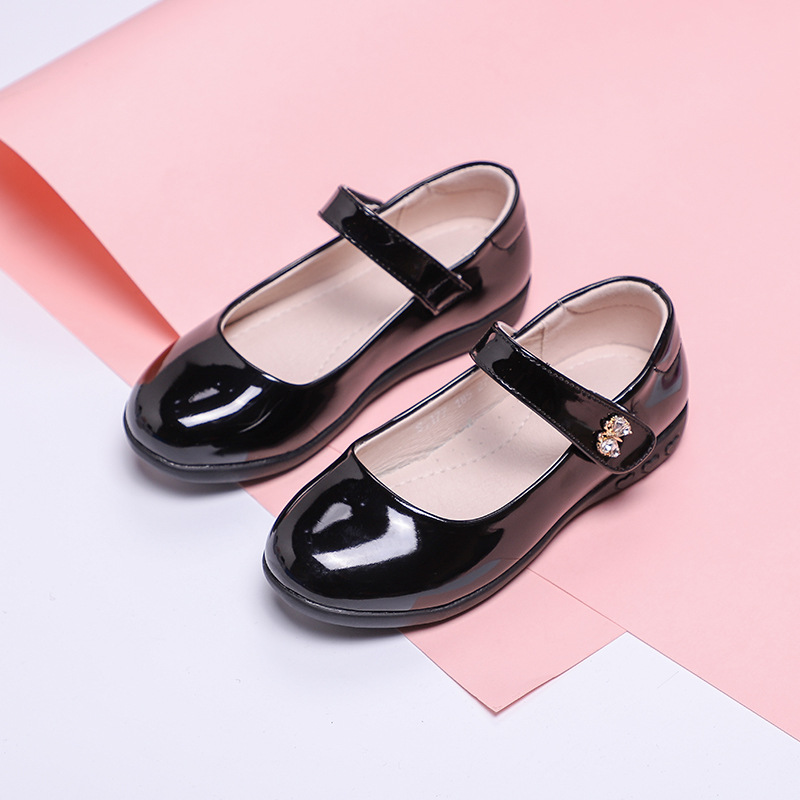 Черные принцессные туфли для девочек с бантом и стразами, кожаные туфли, большие и средние детские туфли с мягкой подошвой, распродажа от производителя