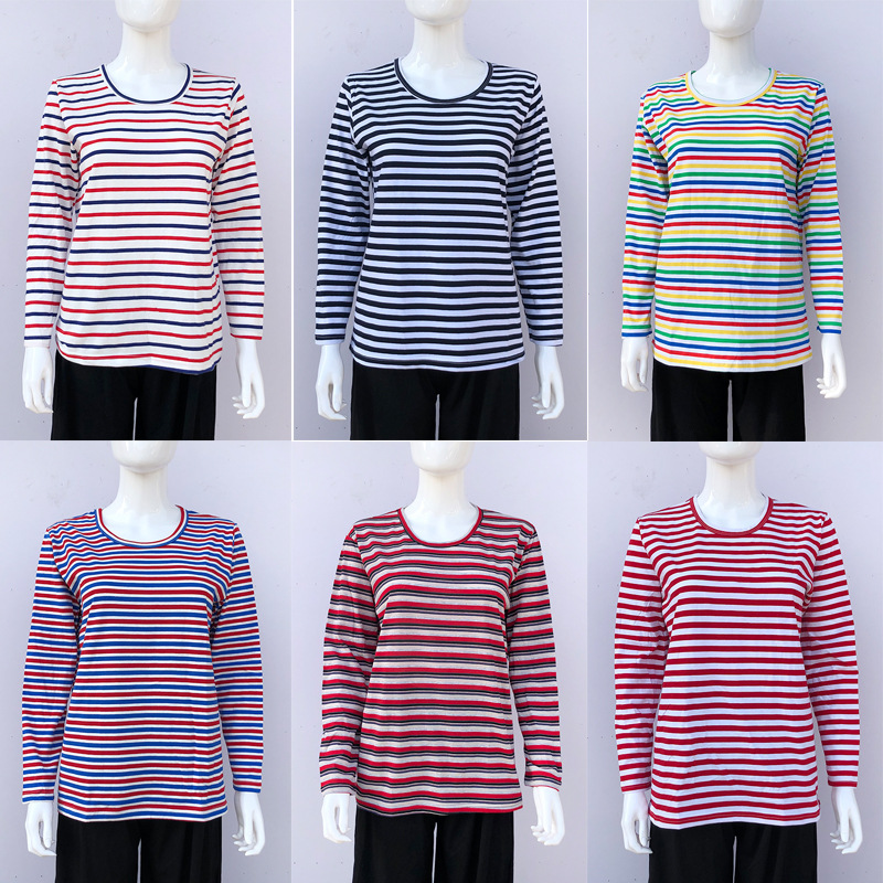 Футболка с длинным рукавом для женщин среднего и пожилого возраста, свободная, круглый вырез, полосатая, для пожилых