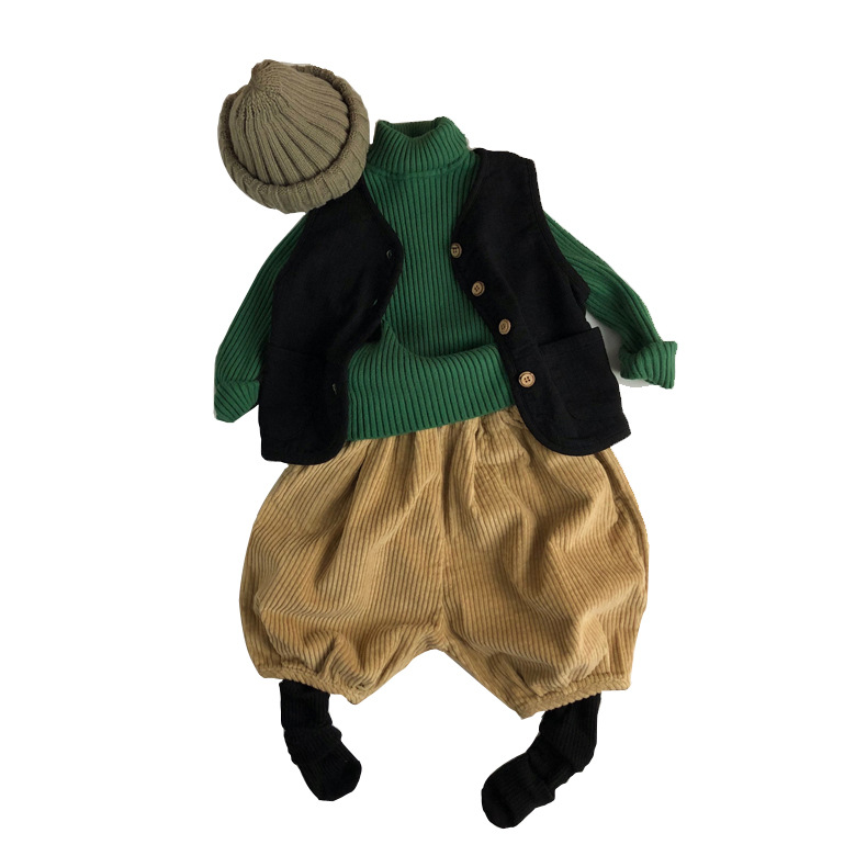 2024 Spring Korean Style Forest Style High Collar Knitted Pullover for Boys and Girls Green Cotton Printing Winter Korean Children's Clothing