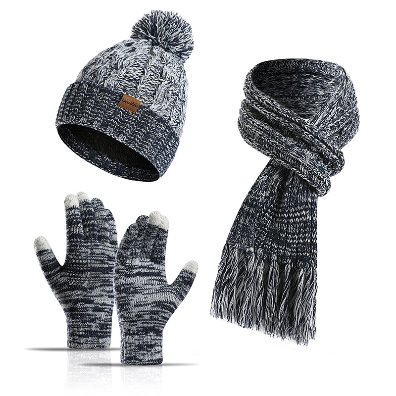 Winter Hat New Style Knitted Wool European and American Cross-Border Color Hat Thickened Scarf Touch Screen Gloves Three-Piece Set