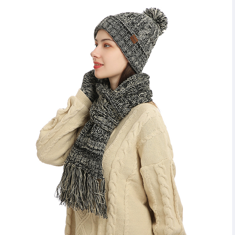 Winter Hat New Style Knitted Wool European and American Cross-Border Color Hat Thickened Scarf Touch Screen Gloves Three-Piece Set