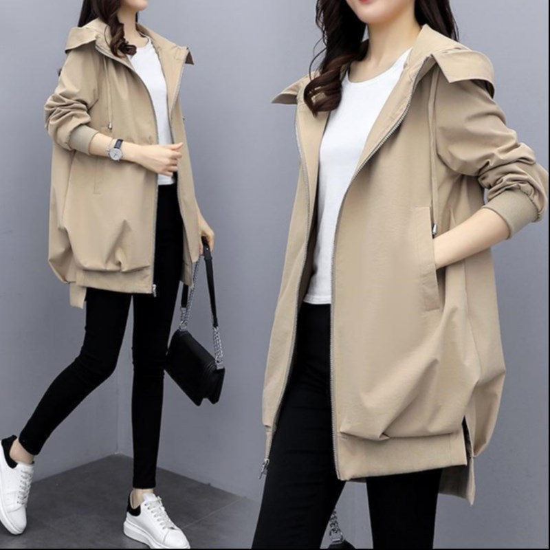 2024 Spring and Autumn New Korean Style Casual Temperament Khaki Slim Hooded Windbreaker Women's Jacket Mid-Length Loose Black