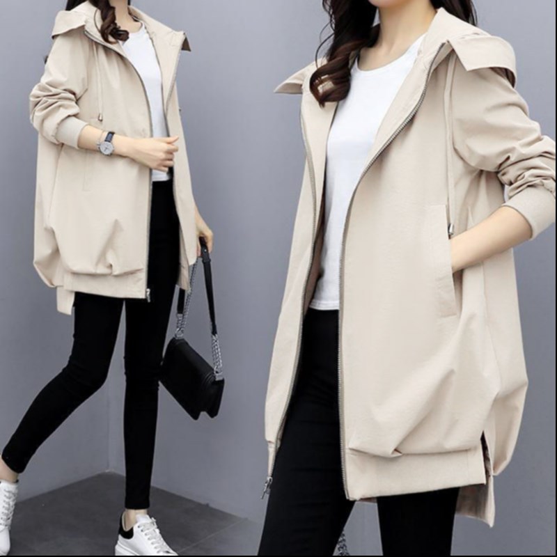 2024 Spring and Autumn New Korean Style Casual Temperament Khaki Slim Hooded Windbreaker Women's Jacket Mid-Length Loose Black