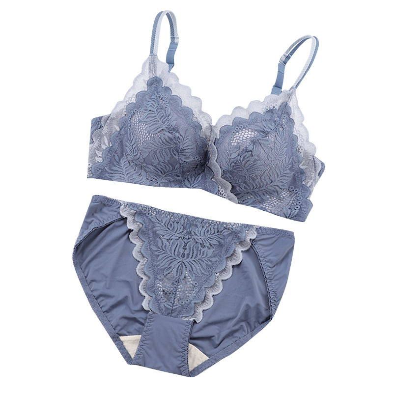 Popular Wild Rose Sexy Lace Underwear No Wires Plaid Breathable Small Breast Push up Adjustable Bra Set