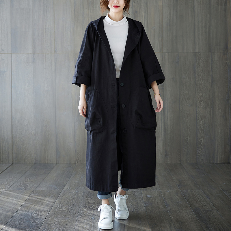 2025 Autumn New Style Loose Large Size Over-The-Knee Long Trench Coat with Large Pockets for Women, Hooded Commuter Casual