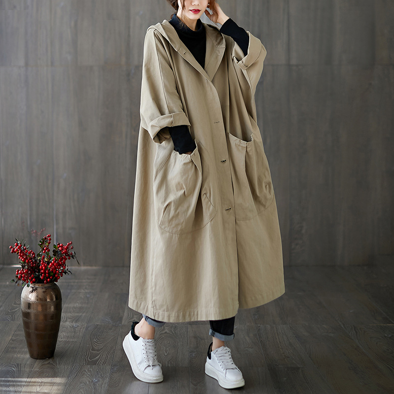 2025 Autumn New Style Loose Large Size Over-The-Knee Long Trench Coat with Large Pockets for Women, Hooded Commuter Casual