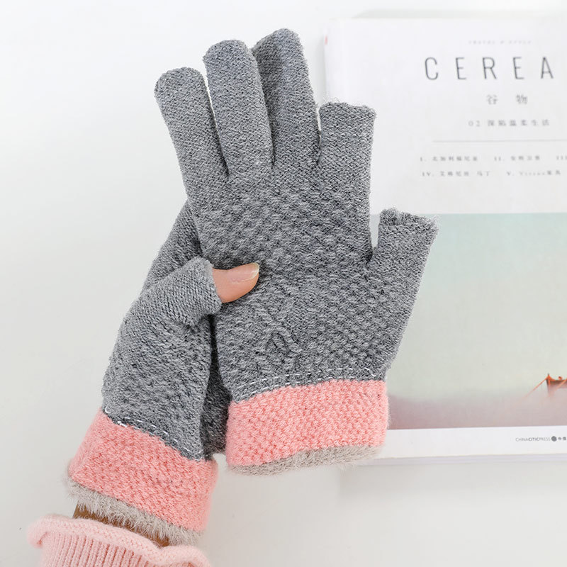 Men's and Women's Winter Exposed Two-finger Gloves Office Writing Typing Exposed-finger Warm Color-matching Knitted Finger Gloves