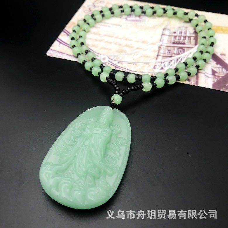 Manufacturer's Natural and Authentic Burmese Jade a Goods Light Green Guanyin Pendant Eight Patron Saint Pendant Jade Sweater Chain
