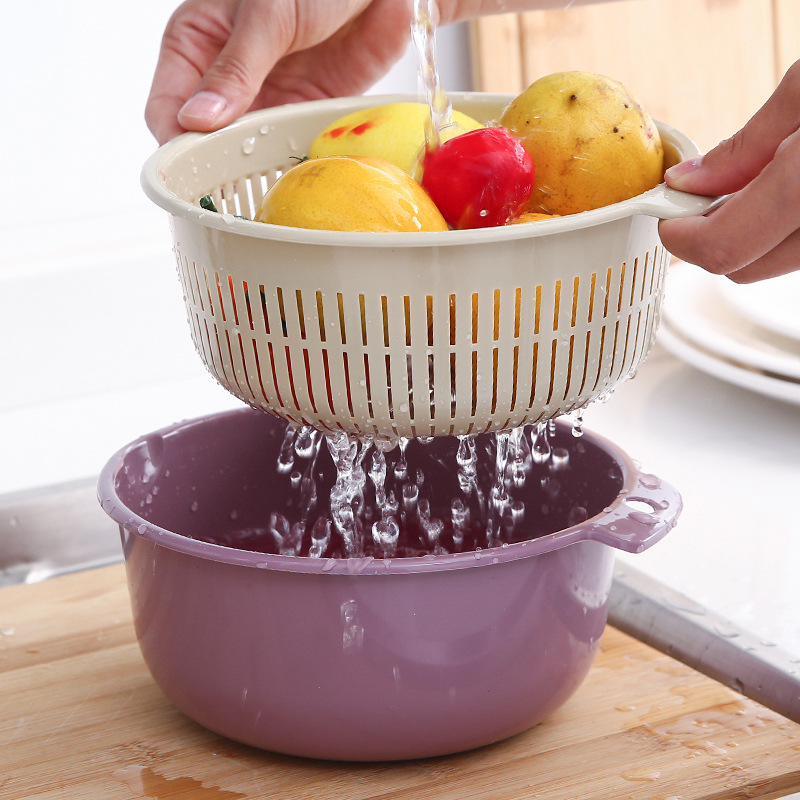 Double-layer Vegetable Washing Basin Draining Basket Kitchen Draining Artifact Household Multifunctional Plastic Round Leakage Basket Fruit Basket