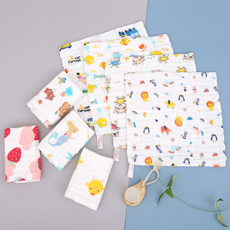 Six-layer pure cotton square cotton gauze saliva towel high-density cartoon small towel printed handkerchief baby face towel