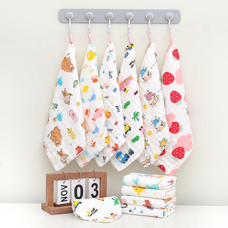 Six-layer pure cotton square cotton gauze saliva towel high-density cartoon small towel printed handkerchief baby face towel