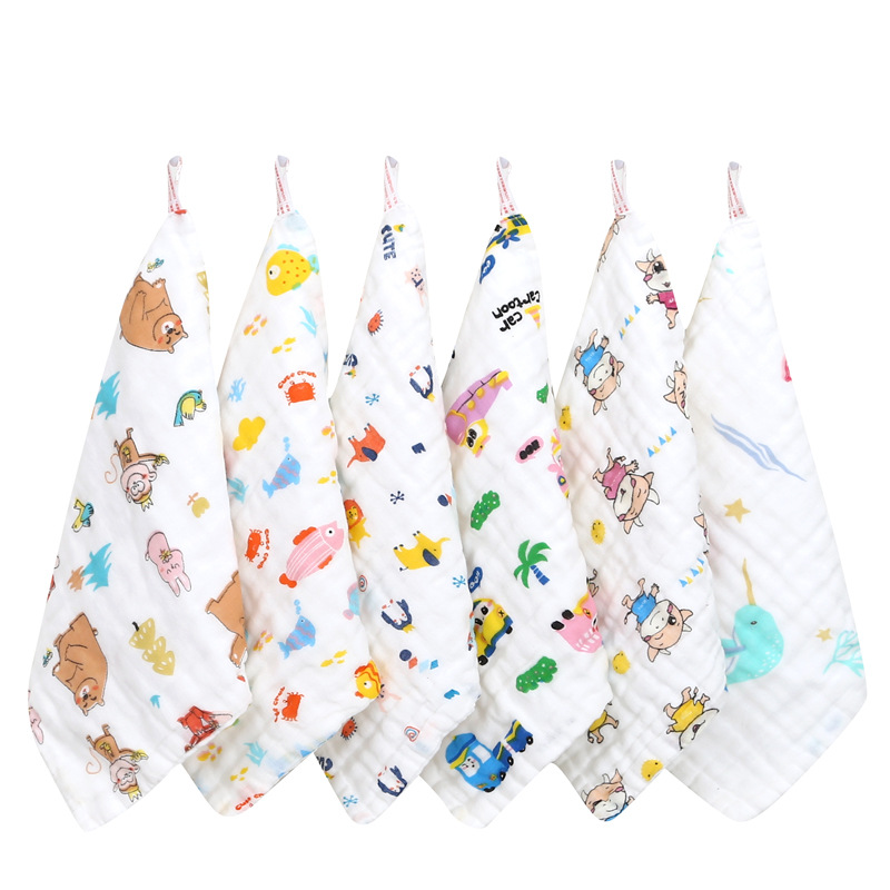 Six-layer pure cotton square cotton gauze saliva towel high-density cartoon small towel printed handkerchief baby face towel
