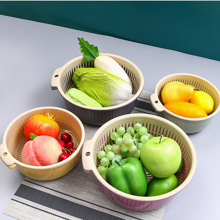 Double-layer Vegetable Washing Basin Draining Basket Kitchen Draining Artifact Household Multifunctional Plastic Round Leakage Basket Fruit Basket