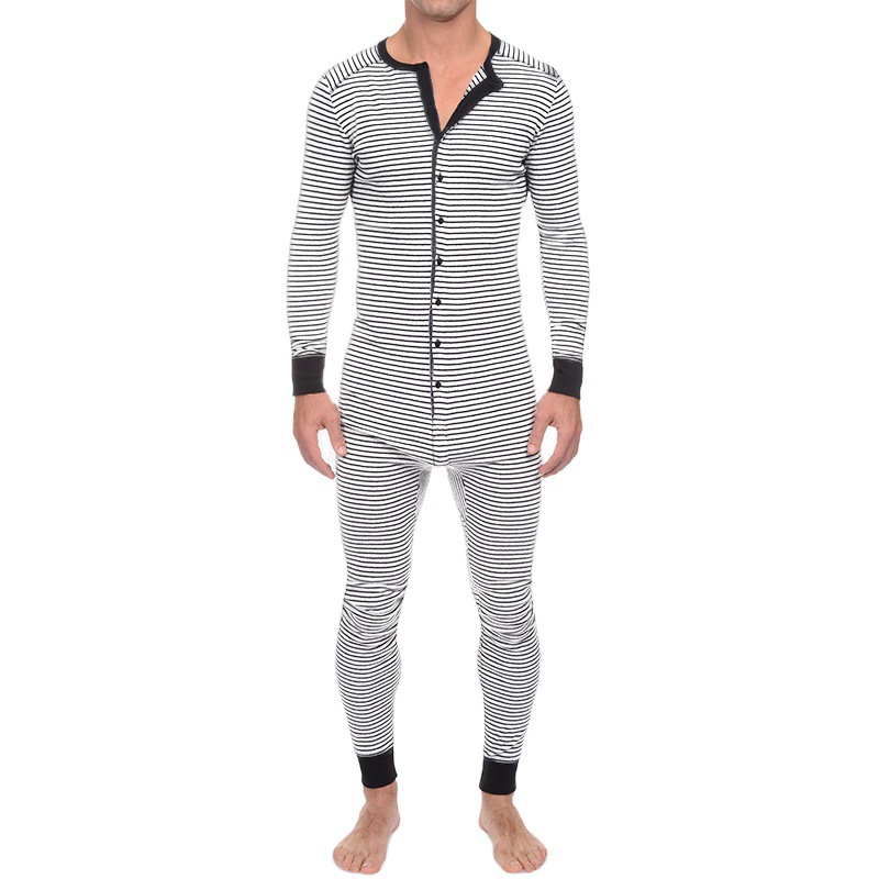 Foreign Trade Stripesd One-Piece Pajamas European and American Men's Tight Jumpsuit Long-Sleeved 2025 Cross-Border Autumn and Winter New Home Clothes