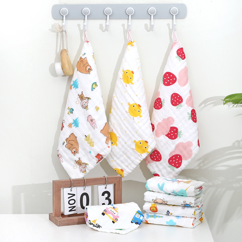 Six-layer pure cotton square cotton gauze saliva towel high-density cartoon small towel printed handkerchief baby face towel