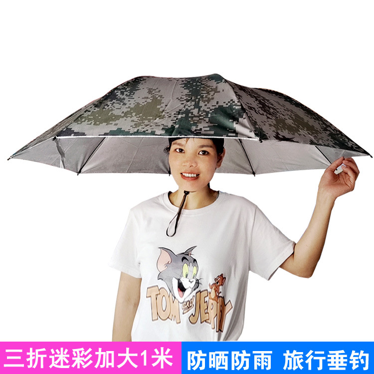 Fashion Creative Gift Three-fold Fishing Umbrella Handless Sunny Umbrella Headband Super Strong Large Hat Umbrella Printable Advertising