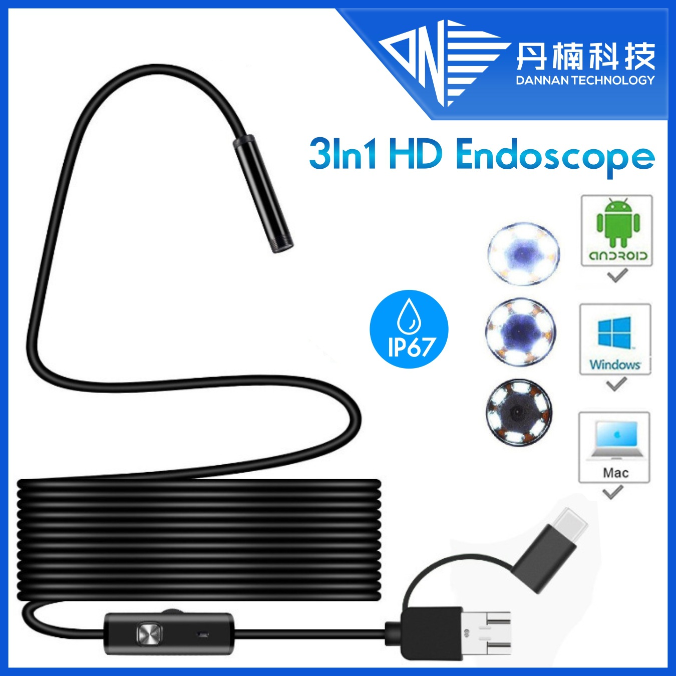 Кросс-браузерный 5.5мм трехв одном эндоскоп для мобильных телефонов и компьютеров, Type-C, для автомобилей и кондиционеров