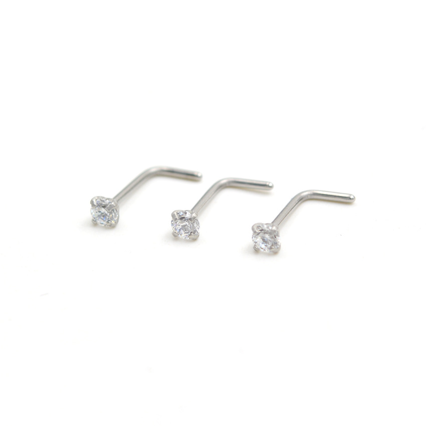 European and American fashion AAA grade 3mm round zircon bend l nose nail puncture medical stainless steel vacuum gold plated 7 nose bend