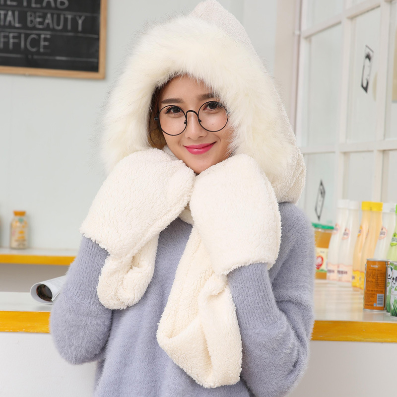 Korean style scarf hat gloves one-piece padded plush one-piece imitation fox fur hooded winter warm three-piece set