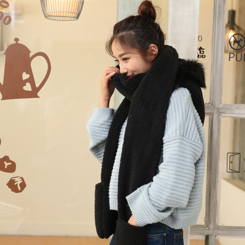 Korean style scarf hat gloves one-piece padded plush one-piece imitation fox fur hooded winter warm three-piece set