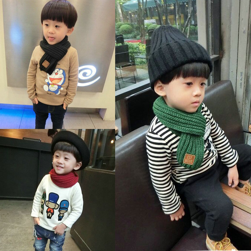 W1 K-Style 2024 New Wool Knitted Leather Label Scarf for Boys and Girls Pure Color Simple Autumn and Winter Baby Warmth