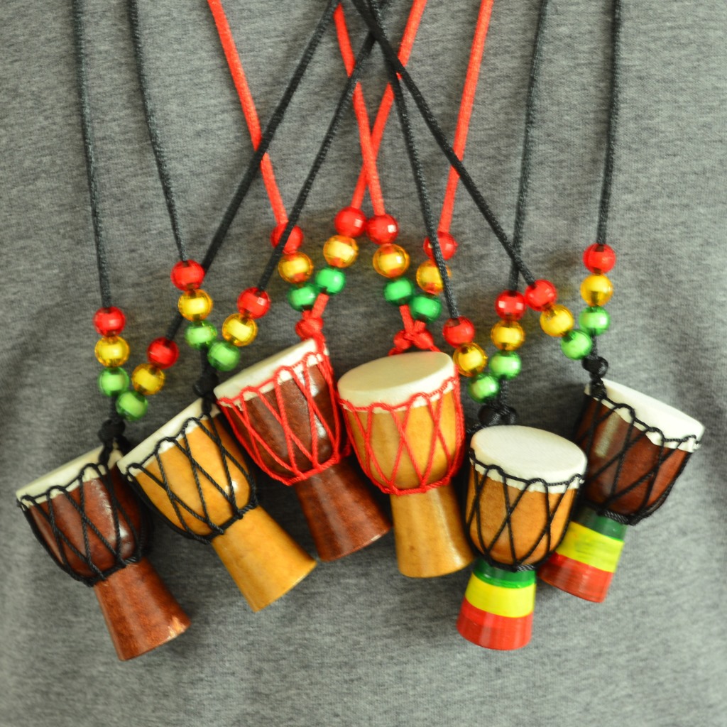 African Drum Pendant African Tambourine Necklace Jewelry Travel Gift Souvenir Solid Wood Handmade Sheepskin Sewing