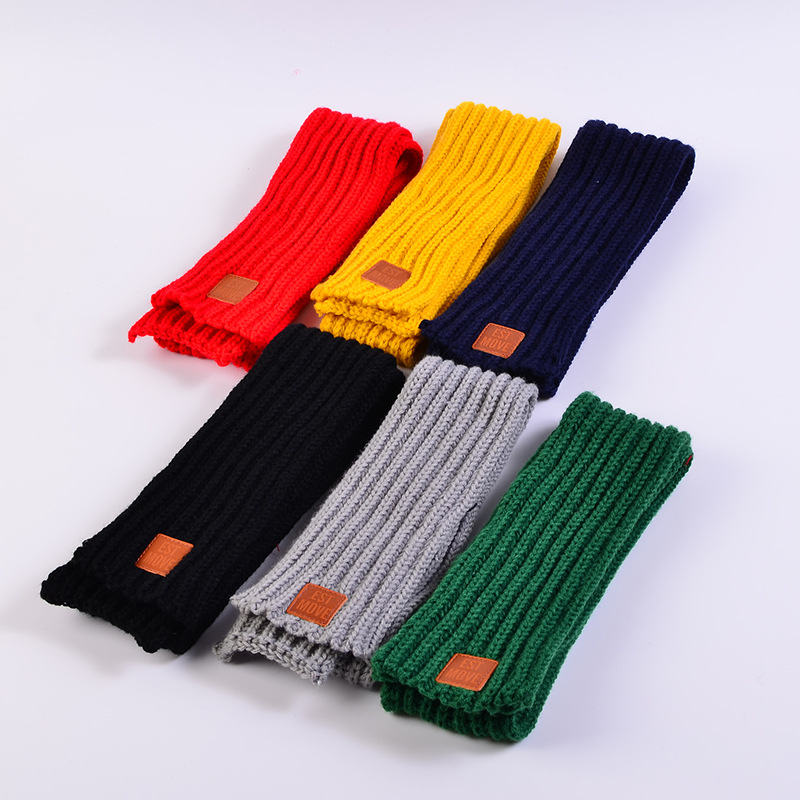 W1 K-Style 2024 New Wool Knitted Leather Label Scarf for Boys and Girls Pure Color Simple Autumn and Winter Baby Warmth