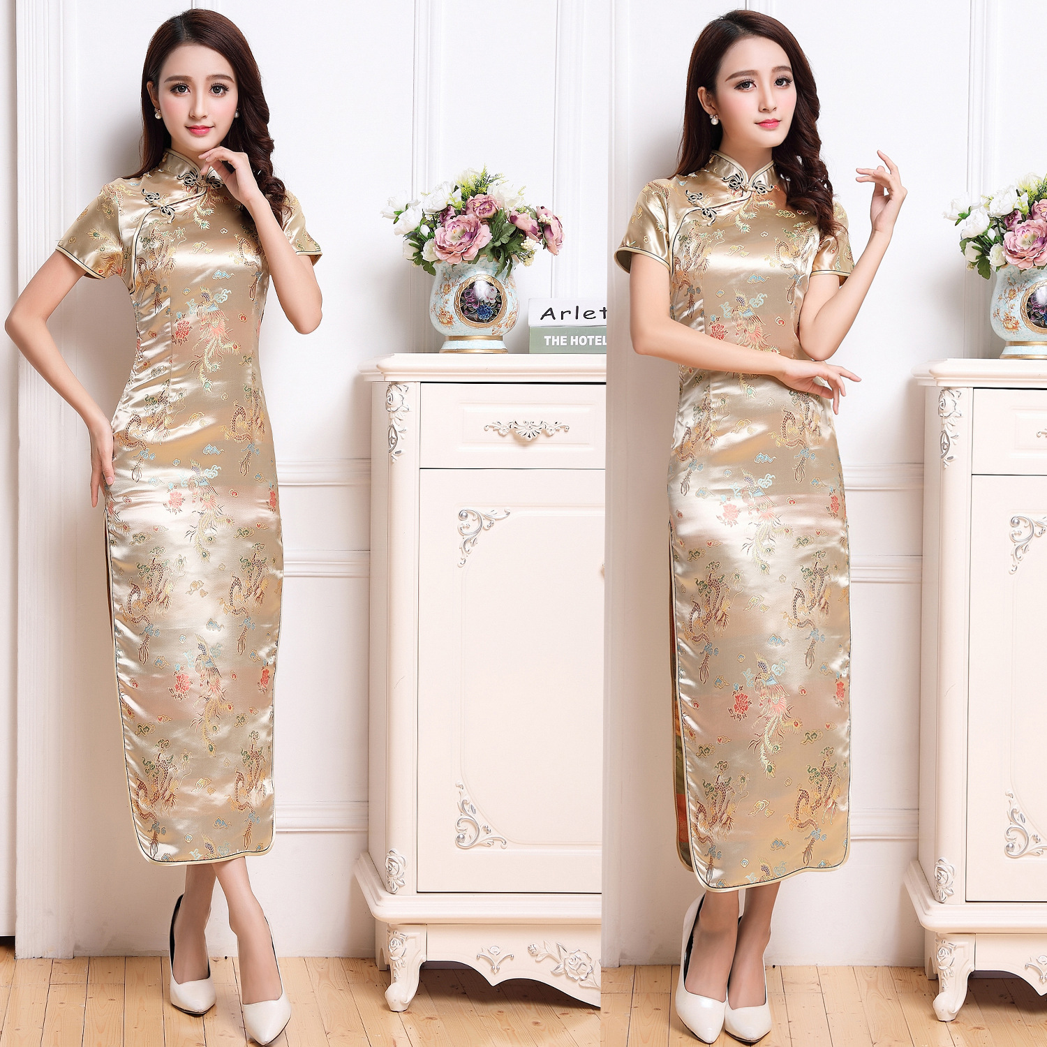 2022 Summer New Etiquette Dress Performance Clothing Slim-fit Improved Wedding Short-sleeved Short Cheongsam Dress