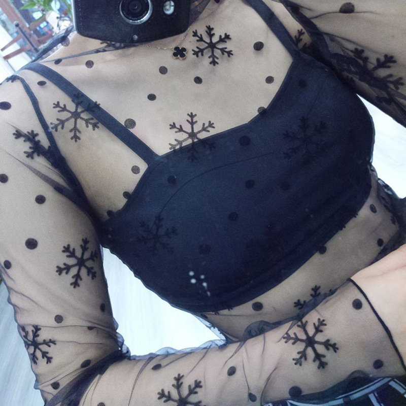 Mesh Lace See-Through Women's Long-Sleeved Mesh Bottoming Shirt with New Korean Style Mesh Black Sexy Shirt