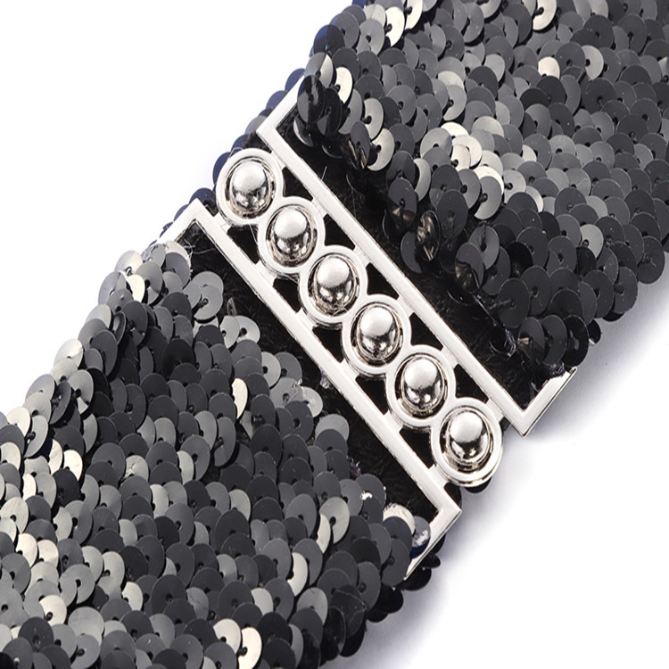 European and American Style Sequin Elastic Belt Women's Buckle Belt Mirror Sequin Belt Fashionable Belt Manufacturer