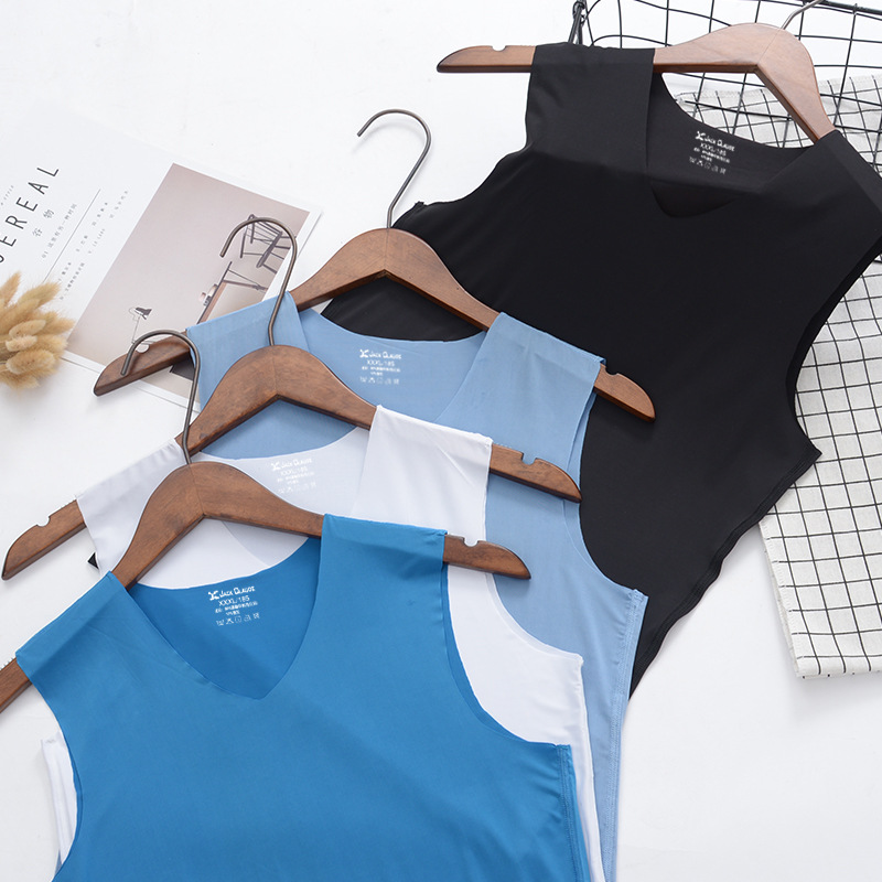 Men's Traceless Ice Silk Vest Men's Summer Thin Breathable Stretch Tight Wide Shoulder Youth Student Sweatshirt Hurdle White