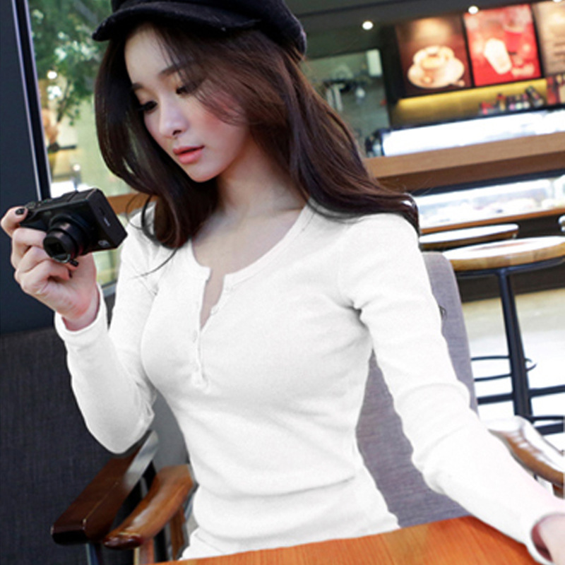 2025 Autumn Button Thread Solid Color Long Sleeve T-Shirt Women's Slim Fit Korean New Top Base Shirt for Outerwear Trendy