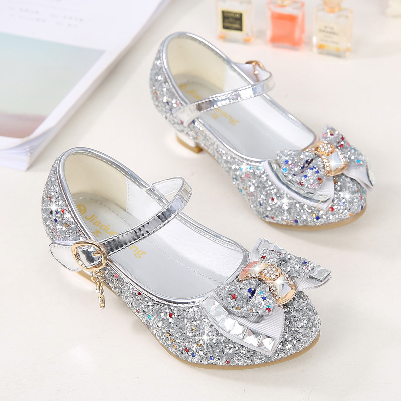 2025 Autumn New Girls' Small High Heel Leather Shoes Sequin Upper Bow Decoration Children's Dance Shoes