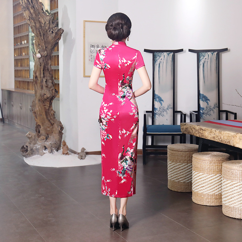 Factory direct new spring and summer improved cheongsam dress long satin printing daily banquet women's performance clothing