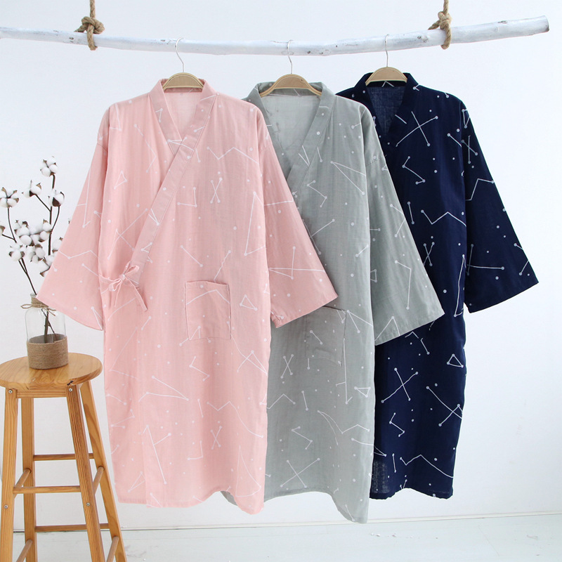 Summer Thin Cotton Gauze Nightgown Couple's Japanese-style Men's Kimono Bathrobe Cotton Pajamas Cardigan Long Nightdress Sweatshirt